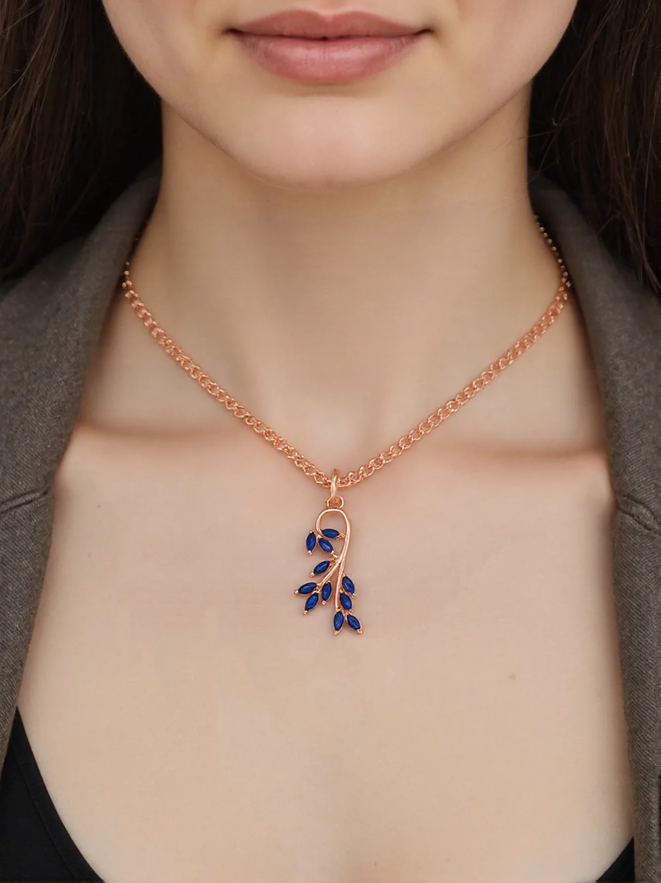 Wbmqda Luxury Blue Leaf Shape Pendant And Necklace For Women With 585 Rose Gold Color Chain