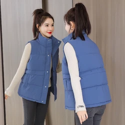 2023 Autumn Winter Women Solid Loose Vest  Stand Collar Long Vest Jacket Cotton Padded Women Windproof Warm Waistcoat Blue