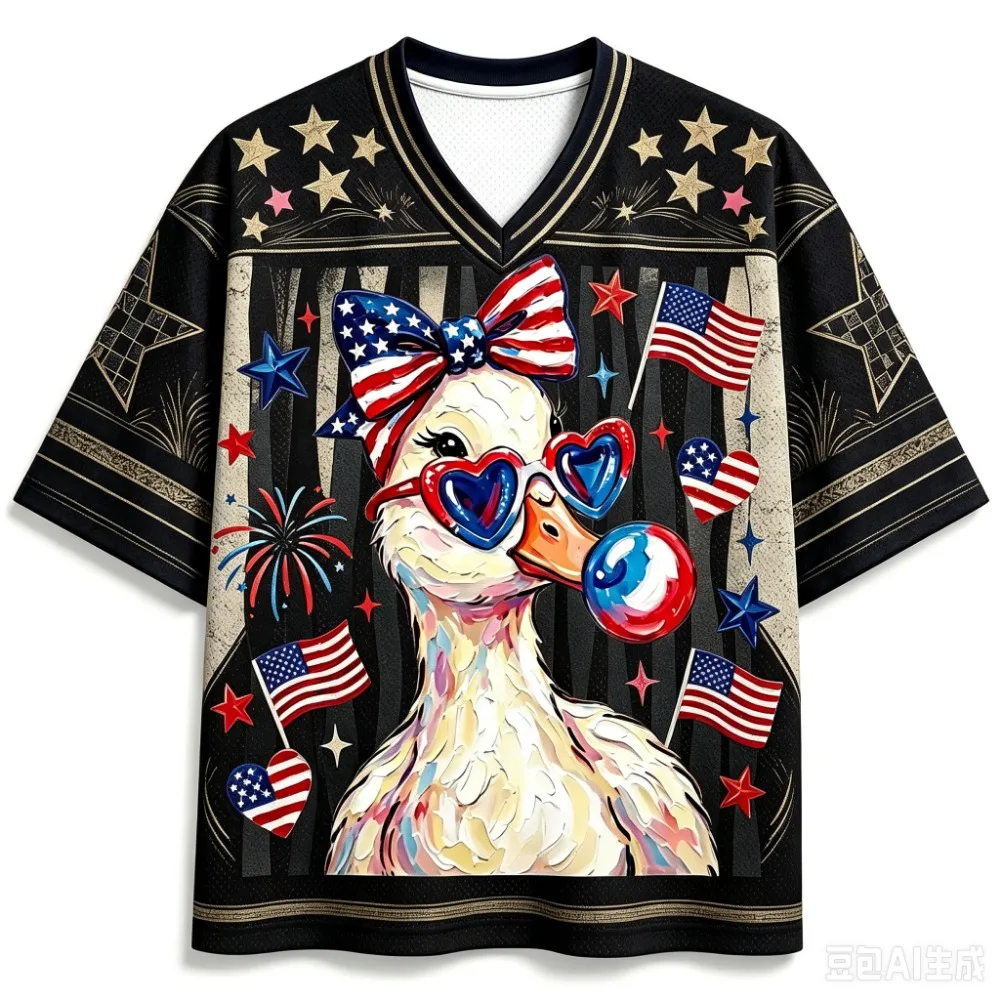 Duck Illustration with Star Flag Sport Quick-dry Breathable 3D Print Men V-Neck T-Shirt Street Fashion Y2K Parent-child Clothing