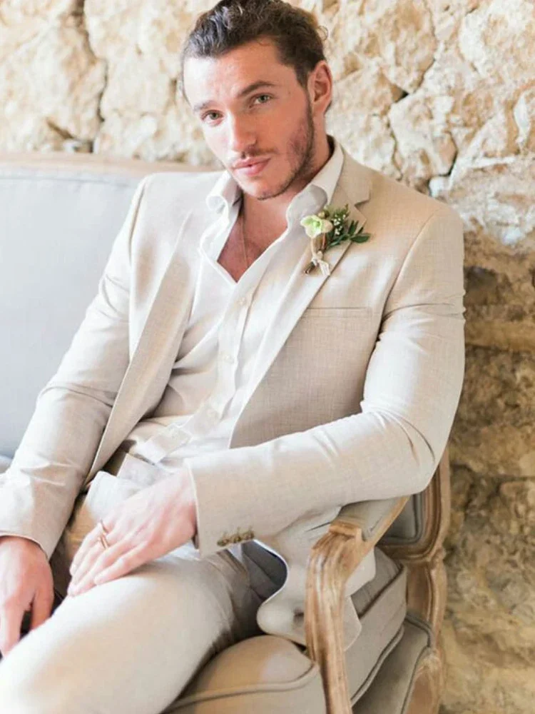 Linen Men Suits For Wedding Beach Custom Wedding Tuxedo 2 Pcs Groomsmen Blazer Notch Lapel 2 Pcs Fashion Suit Jacket With Pants