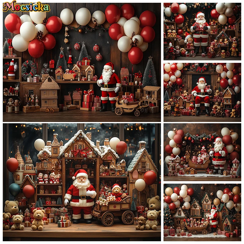 

Christmas Backdrop Photography House Balloons Home Bear Gifts Santa Claus Photo Background Shooting Room Decoration Props Studio