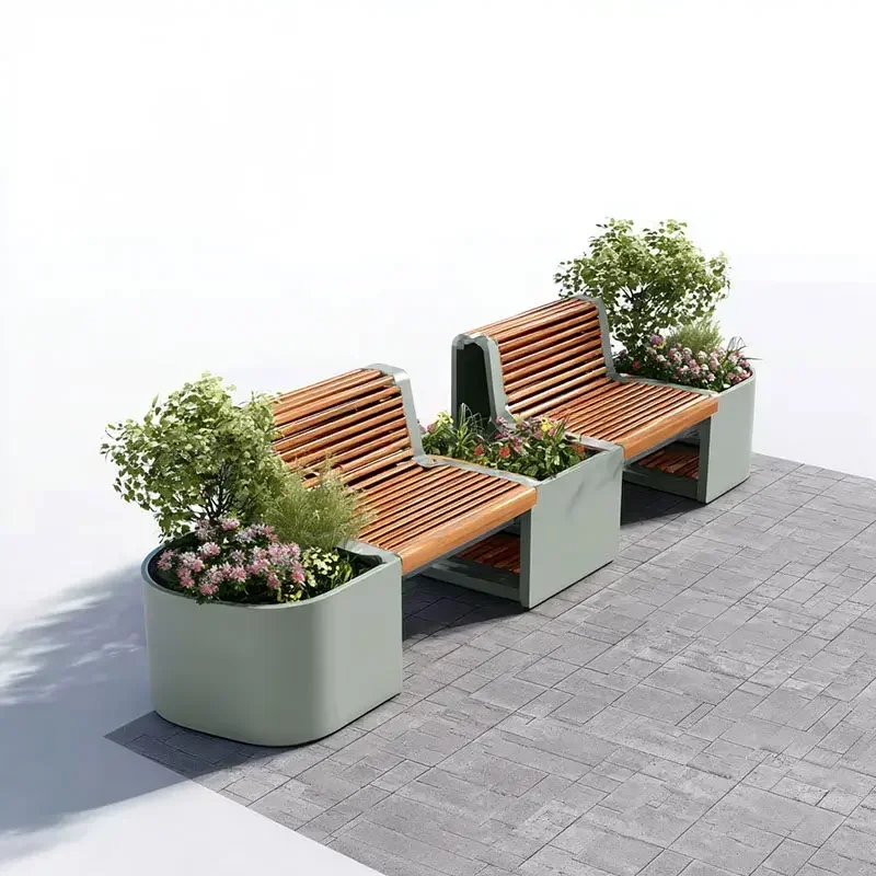O17- garden planter seat combination - wroug iron flower box for sidewalk seating areas