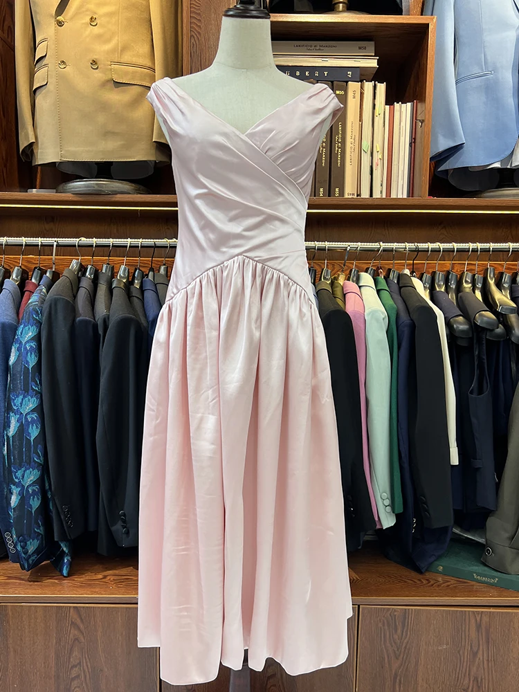 Customized Women's V-neck Evening Gown Pink Pleated Ankle Skirt Special Occasion Custom Size Formal Dress