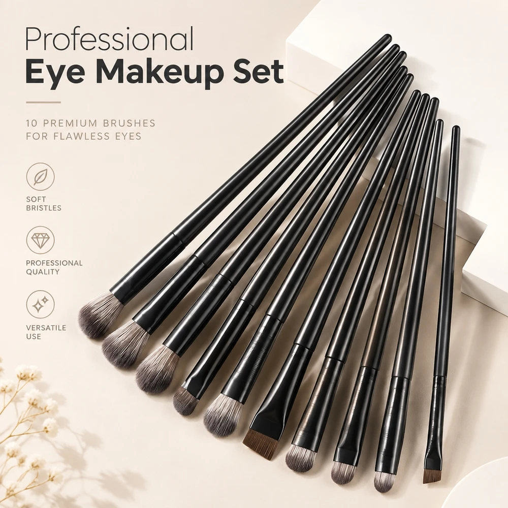 Soft Eye Brush Set 10Pcs Black Eyeshadow Blending Under Eye Liner Knife Edge Detailing Mini Makeup Brushes for Eyes
