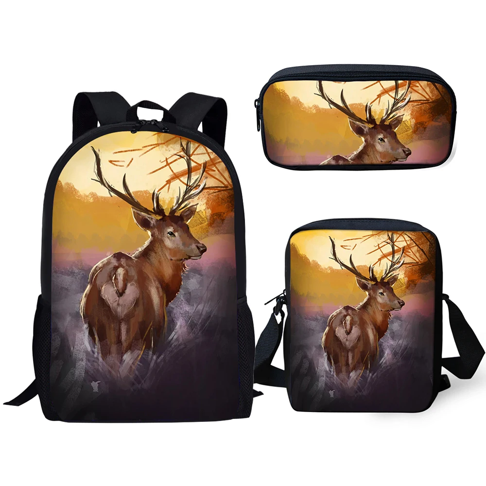 Classic Popular Novelty Deer 3D Print 3pcs/Set pupil School Bags Laptop Daypack Backpack Inclined shoulder bag Pencil Case