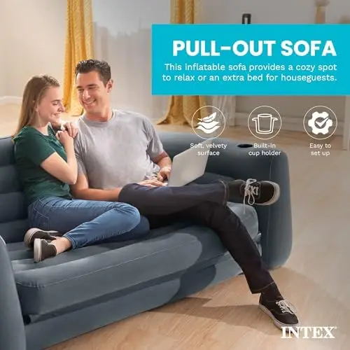 Inflatable Furniture Set with Queen Sized Pull-Out Sofa Bed and 2 Sofa Sleepers, Gray - Air Mattress, Portable Couch