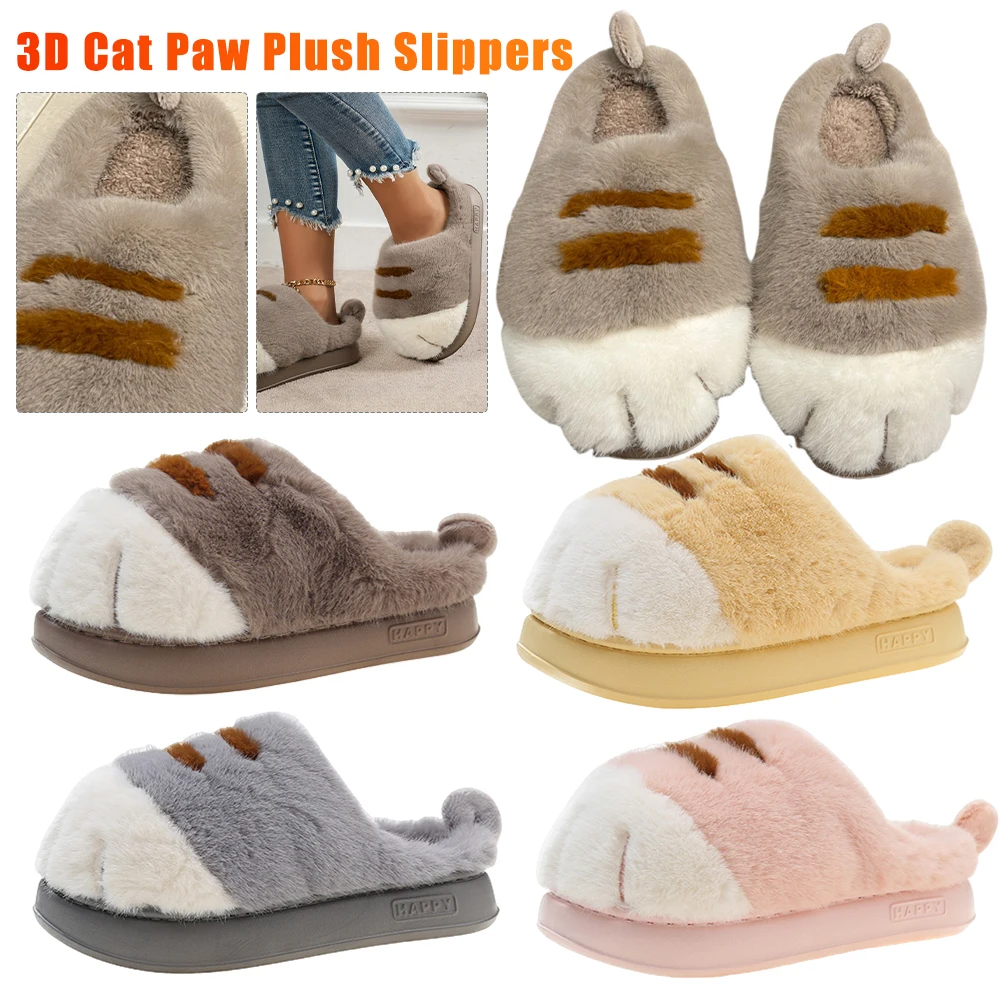 3D Cat Paw Plush Slippers Soft Flat Thermal Walking Shoes Men Women Anti Slip Fluffy Home Couple Slippers for Indoor Bedroom