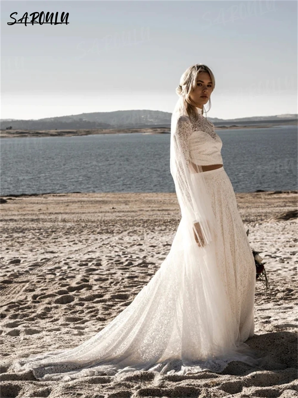 Vestidos de novia de cuello alto, vestido de novia para mujer con manga larga, bata estilo playa, vestido de novia moderno de dos piezas, encaje de cuerpo completo