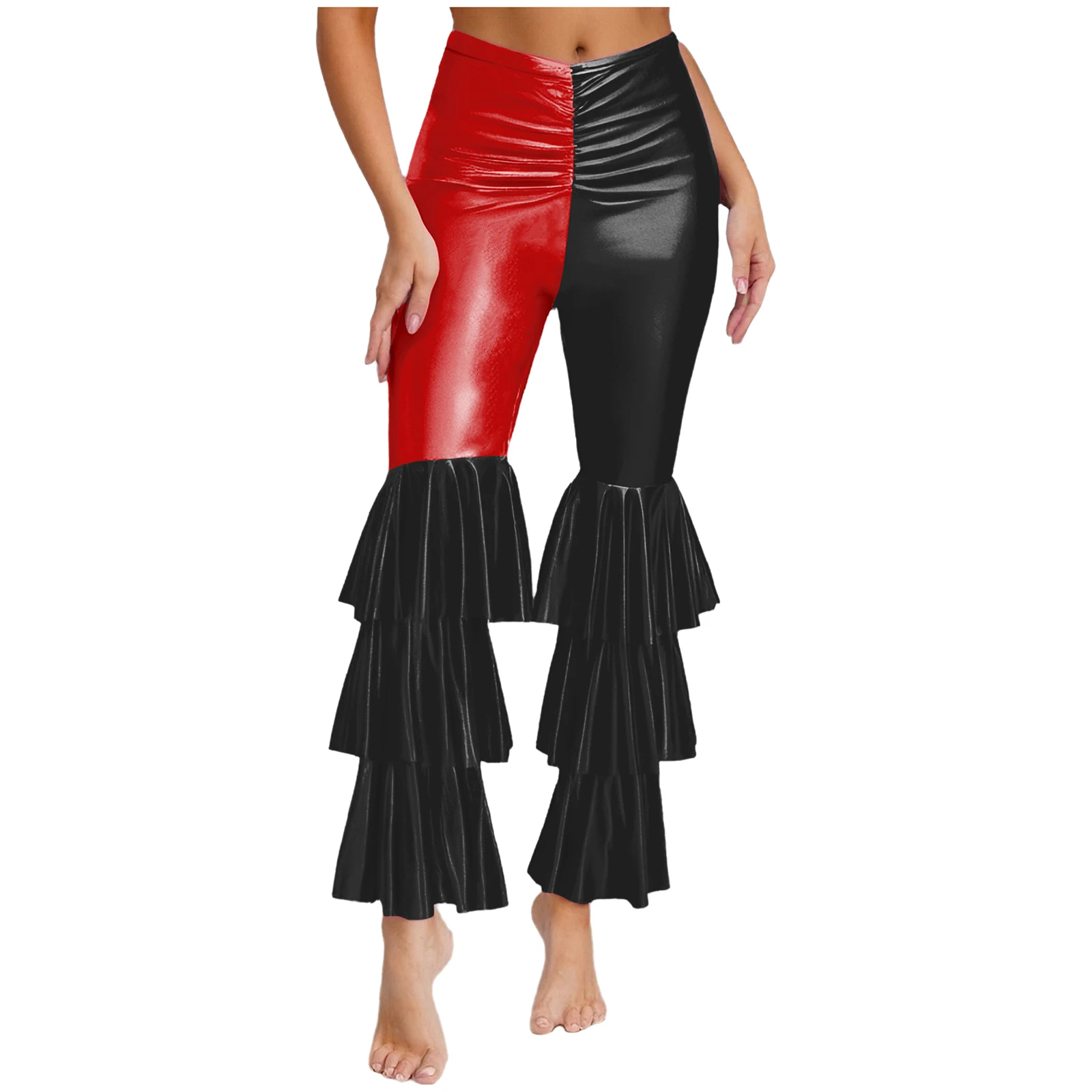 Damskie spodnie dzwony z falbanami w stylu lat 70. i 80., z wysokim stanem, długie spodnie disco, metaliczne, błyszczące spodnie rozszerzane, kostium na Halloween.