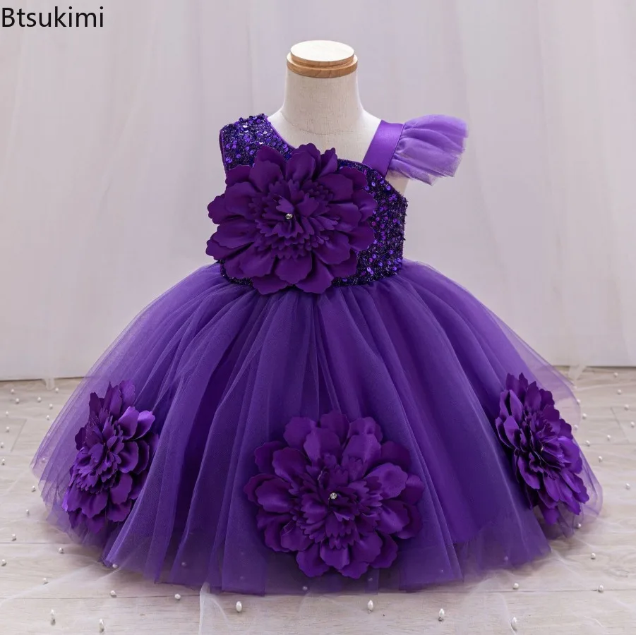 New Girl's Princess Dress Baby Girls Wedding Sleeveless Three-dimensional Flower Mesh Carnival Birthday Party Evening Dress 1-6Y