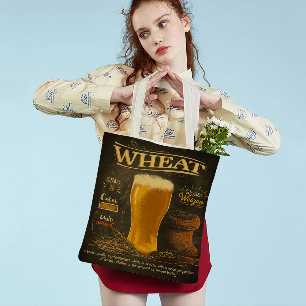 Vintage Beer Cocktail Collection  Art Shopping Bag for Women Both Sided Casual Shopper Bags Lady Canvas Tote Travel Handbag