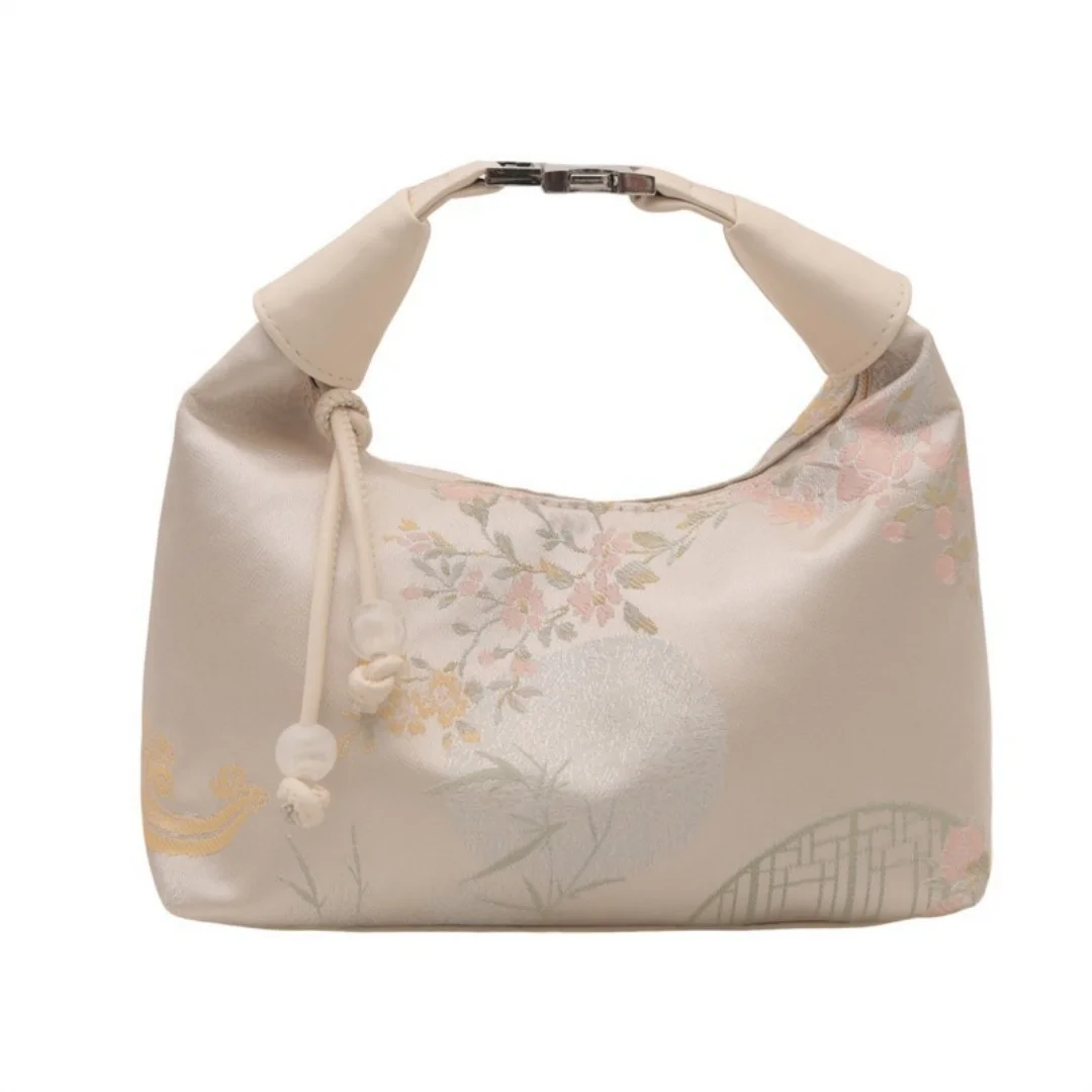 New Chic Trend Tote Bag Sweet Embroidery Shoulder Bag Nylon Texture Pearl Pendant Crossbody Bag Small Bucket Handbag Women Girl