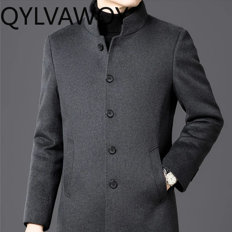 QYLVAWOY 100% Wool Men Jacket Detachable 90% Duck Down Lining Mid Length Jackets for Man Mink Fur Stand Collar Warm Coat Casacos