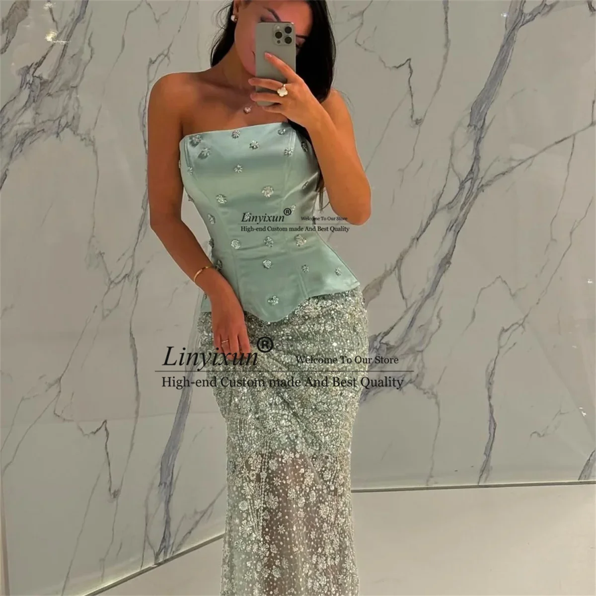 Abiti da ballo a sirena con perline scintillanti Abiti da festa senza maniche senza spalline Abiti da festa di nozze con perle al pavimento Personalizzati