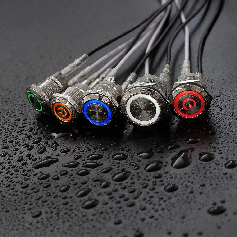 방수 금속 푸시 버튼 스위치, LED 조명 포함, 플랫 헤드, 순간 자체 리셋 또는 래칭, 4 핀 고정, 12V, 16mm, 19mm