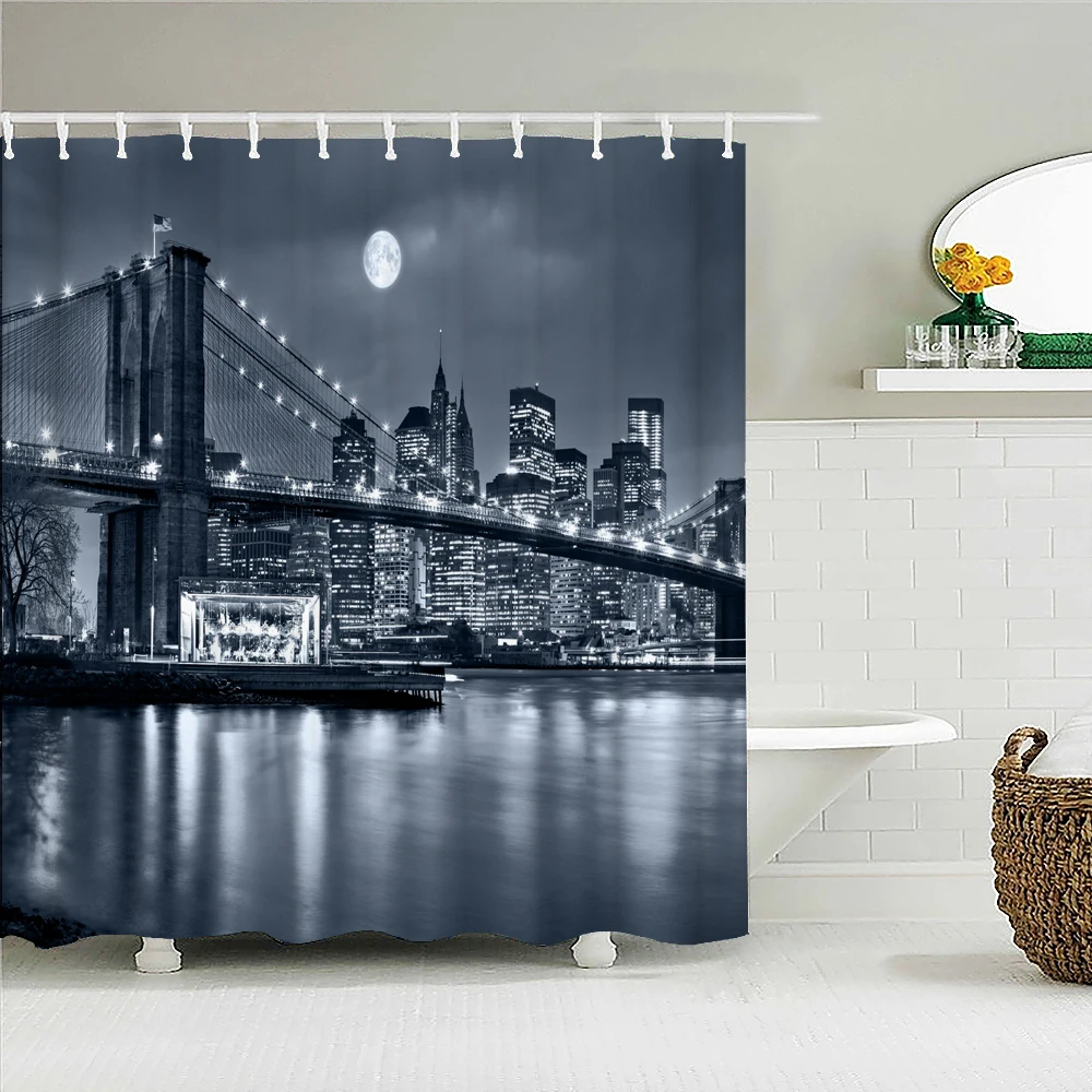 Waterproof Shower Curtain 3d Printed City Night View Bridge Bath Curtains Bathroom Polyester cloth Home With Hooks Bath Curtain