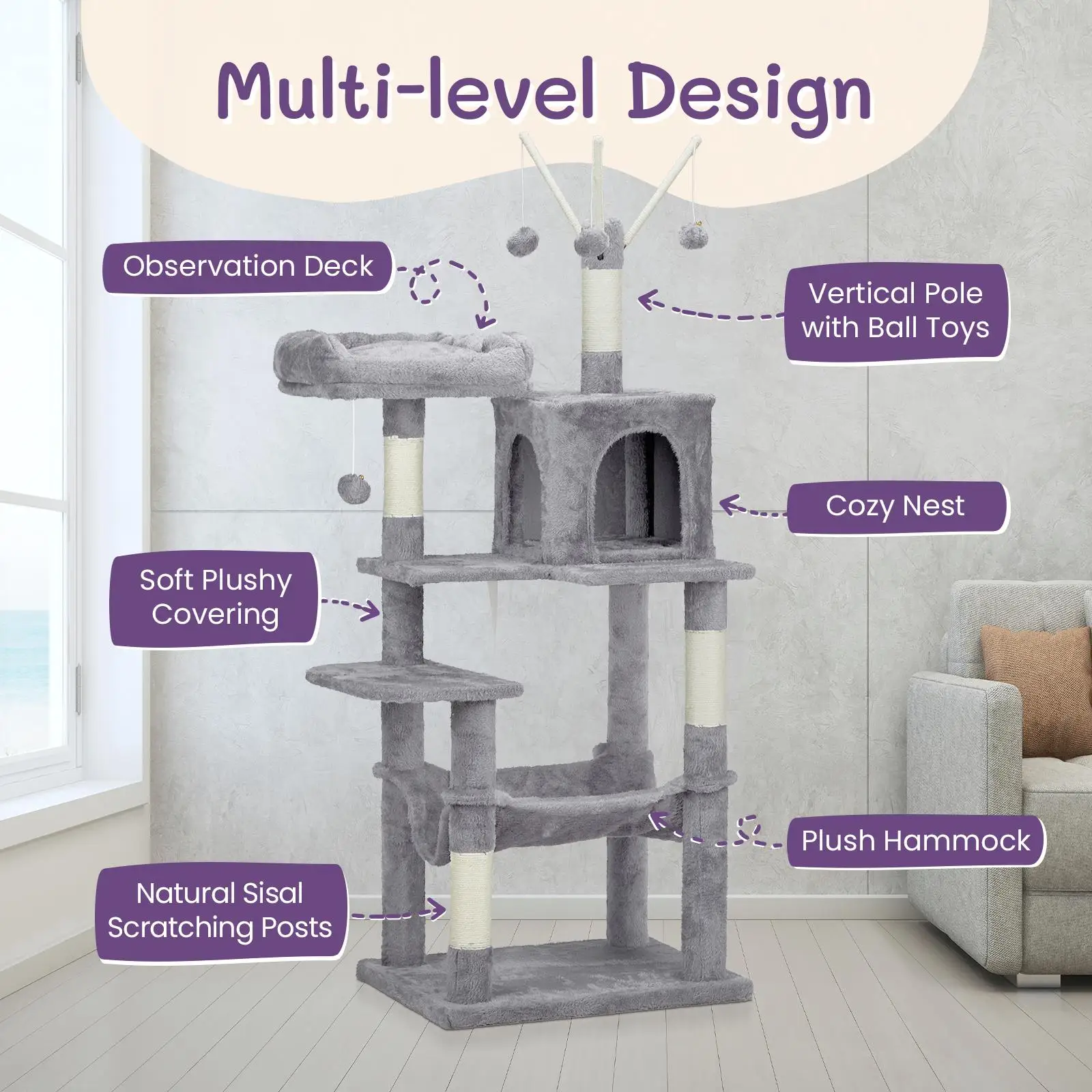 57 Cat Tree Tower for – Cozy Condo, Padded Bed, Toy Balls & Sisal Scratching Posts – Light Grey Cat House