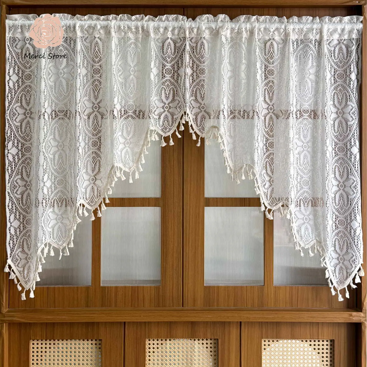 

Hollowed Valance Curtain for Kitchen Short Curtain Floral Tassles Boho Window Drapes for Cafe Cabinet Farmhouse Decor Rod Pocket