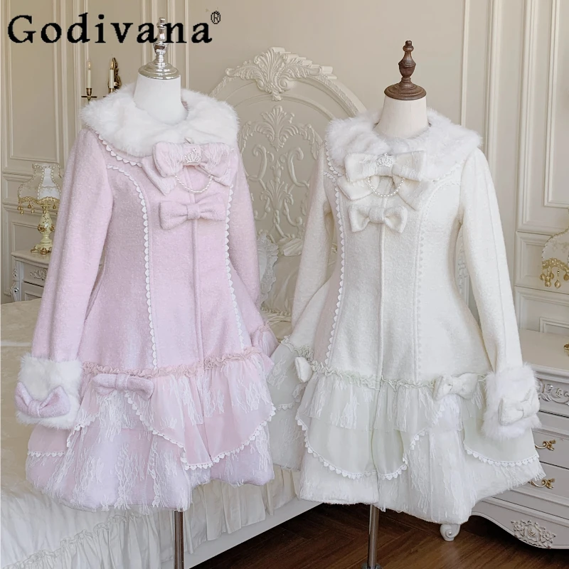 

Japanese Cute Girls Sweet Lolita Pink Long Woolen Coats Autumn Winter New 2025 Women Sweet Elegant Bow Plush Collar Overcoats