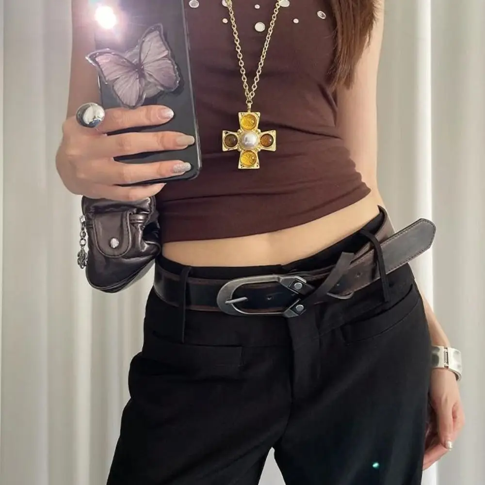 

Heavy-Duty Vintage Women's Belt Pu Leather Y2k Cross Waist Belt Punk Black Brown Dress Jeans Belt Streetwear