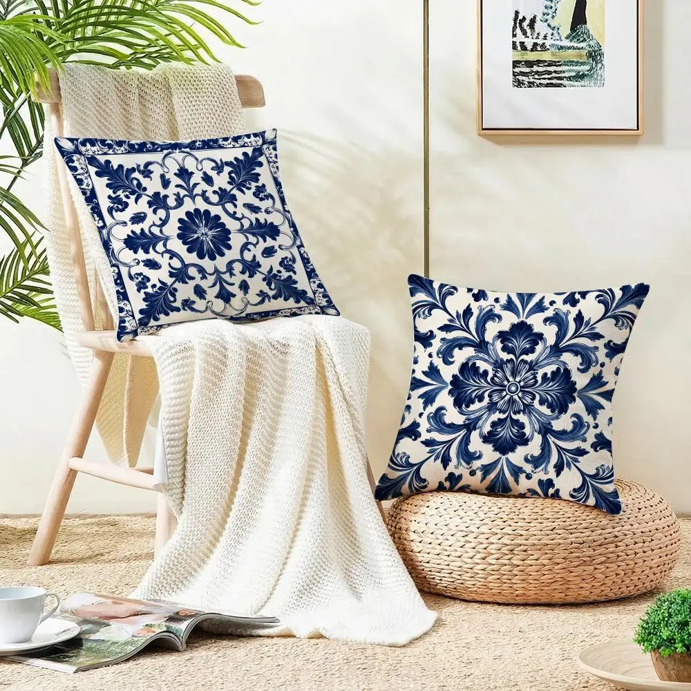 Blue Damask Elegance Cushion Cover 4Pcs Linen Throw Pillow Covers 40x40 45x45 Modern Home Decor