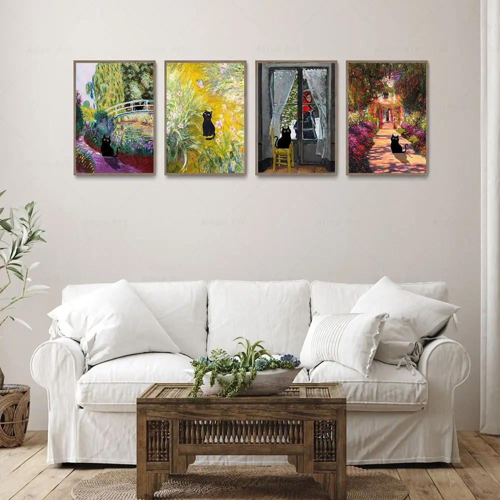 Funny Black Cat World Famous Painter Monet Van Gogh Gustav Matisse Artwork Poster Canvas Painting Wall Art LivingRoom Home Decor