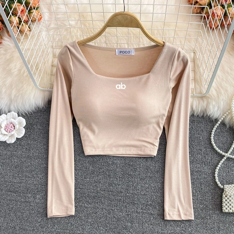 Women Korean Fashion Square Neck Long Sleeve T‑Shirt Built‑In Bra Slim Fit Cropped Casual Autumn Basic Layering Top - view 2