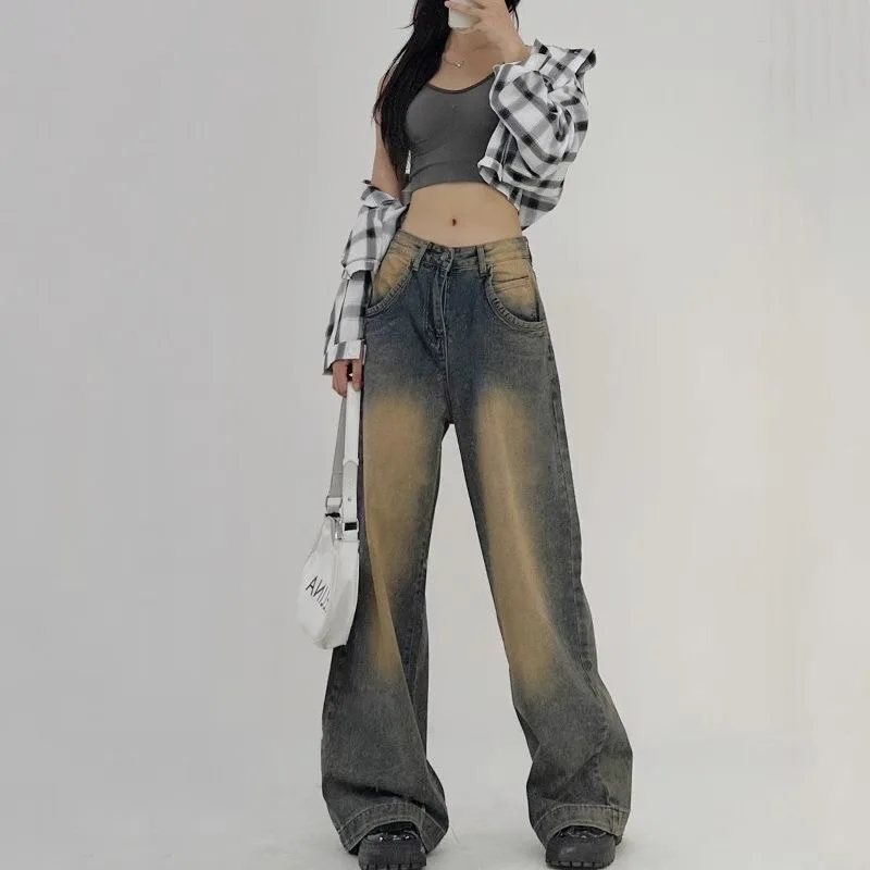 Fashionable Retro Washed Wide Leg Jeans High Waist Long Pants Denim Fabric Zipper Fly Casual Trousers for Young Women