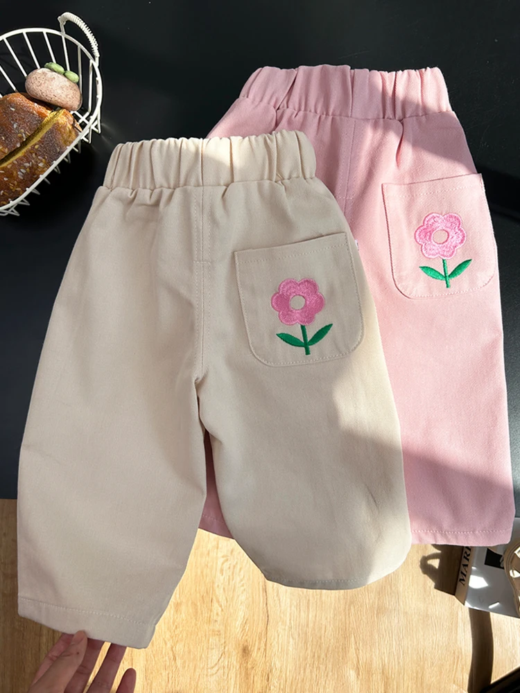 Cute Baby Girls Flower Embroidery Pants Elastic Waist Loose Casual Harem Pants Korean Style 1-6Years Old Girl Trousers