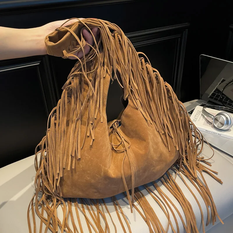 

Khaki Brown Green Ladies Handbags Autumn NEW Retro Tassel Large Capacity Tote Shoulder Bags For Women Daily Casual Shoulder Bag