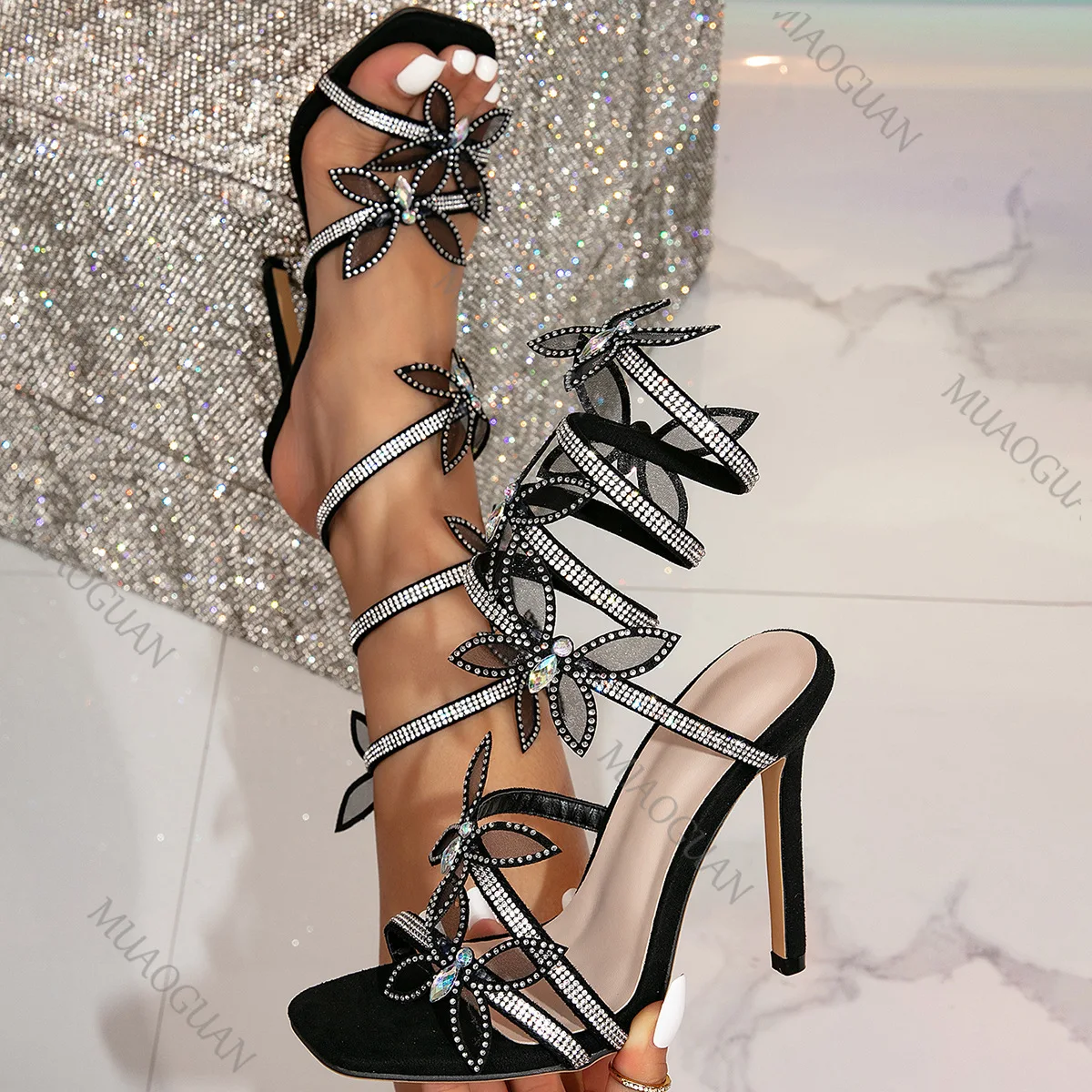 Glitter Rhinestones Women Sandals High Heel Crystal Butterfly Sexy Wedding Party Stripper Shoes Sapatos Femininos Elegante talon