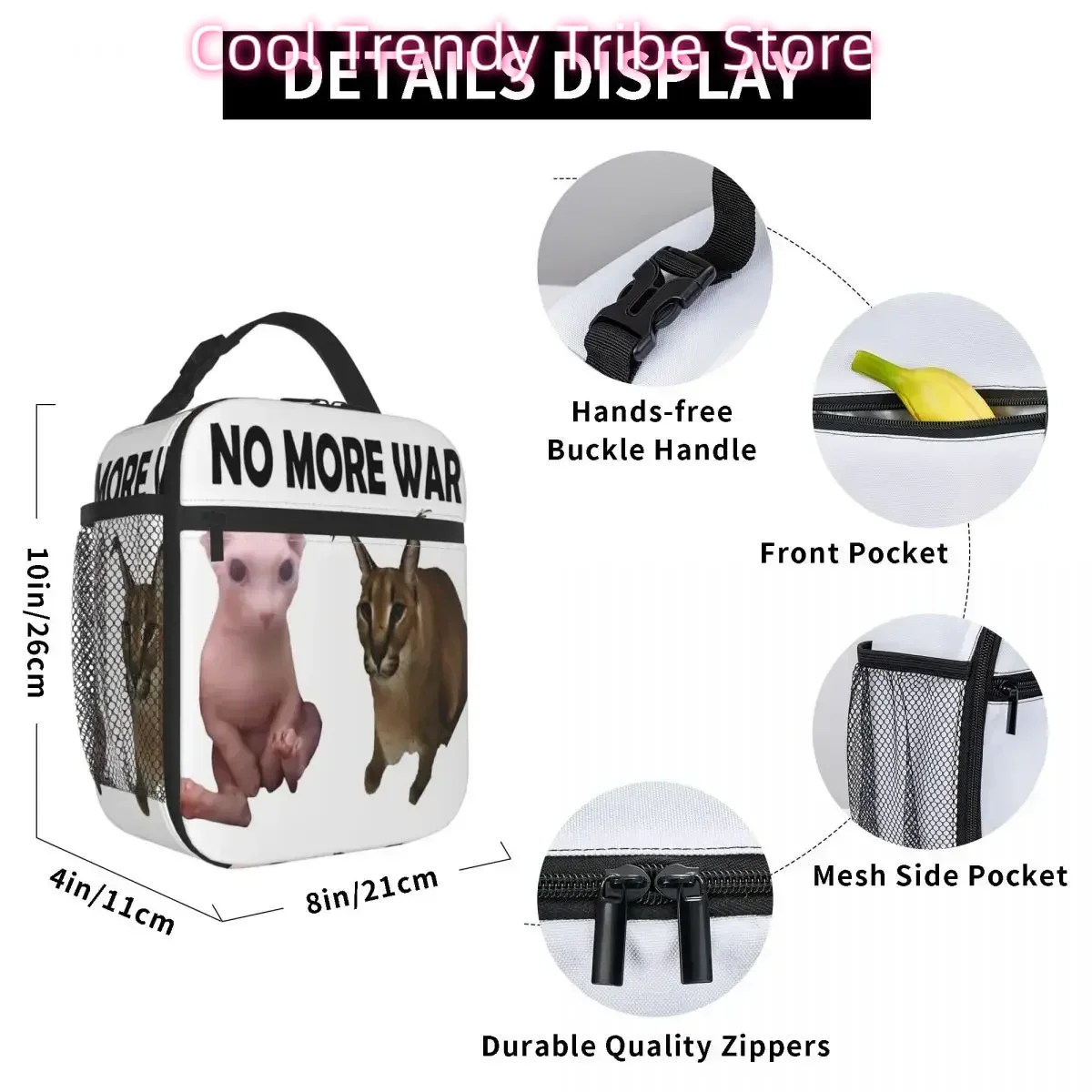 No More War Big Floppa And Bingus Lunch Bag Women Thermal Cooler Funny Cat Meme Insulated Lunch Boxes for School