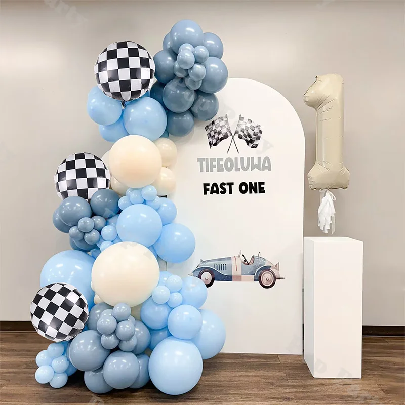 102/103pcs Boys Birthday Party Decoration Racing Flag Pulling Theme Balloon Set Latex Blue Balloons and Film Numbers Ballon Arch