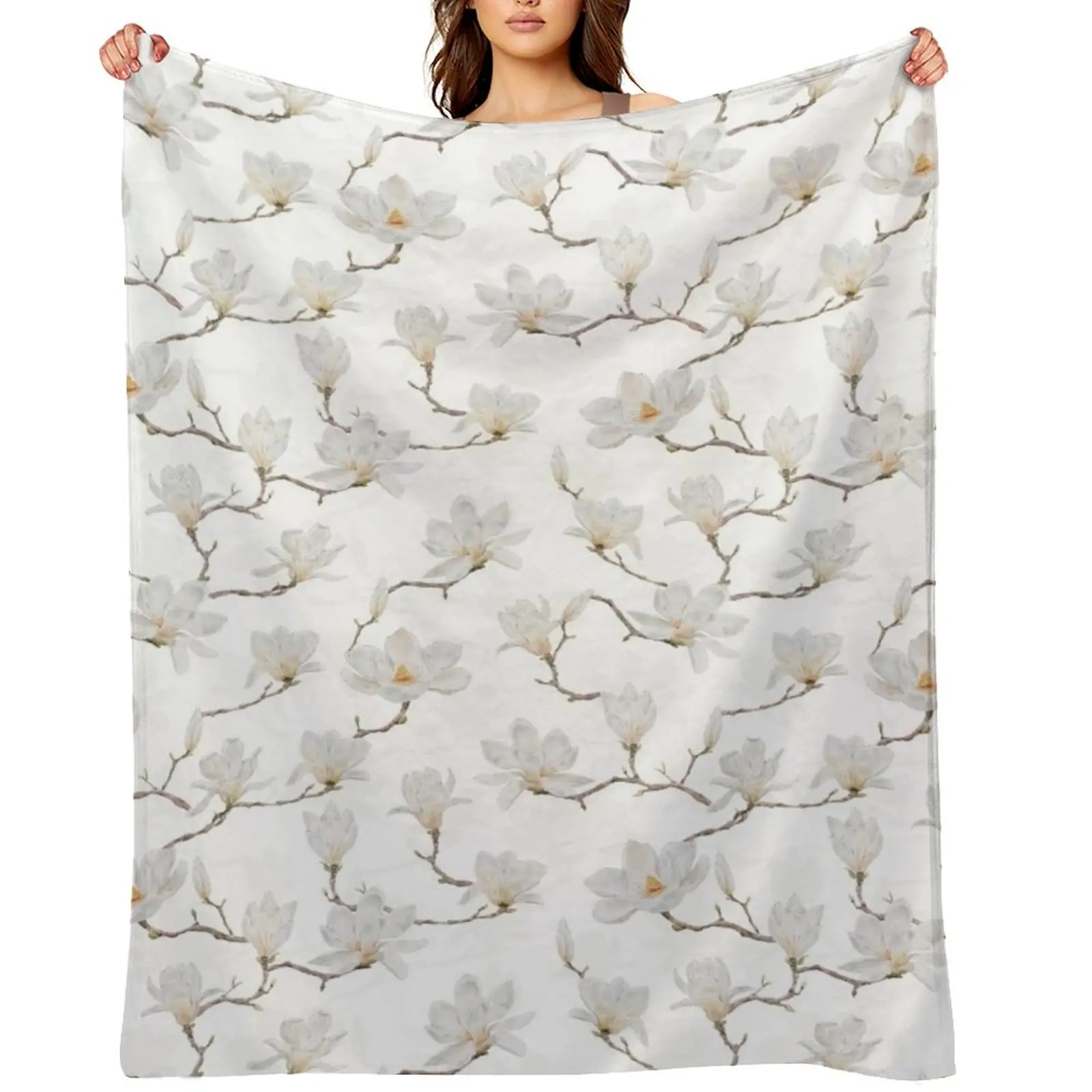 

Delicate White Magnolia Branches on Ivory Throw Blanket Comforter Cute Plaid for sofa bed plaid Blankets