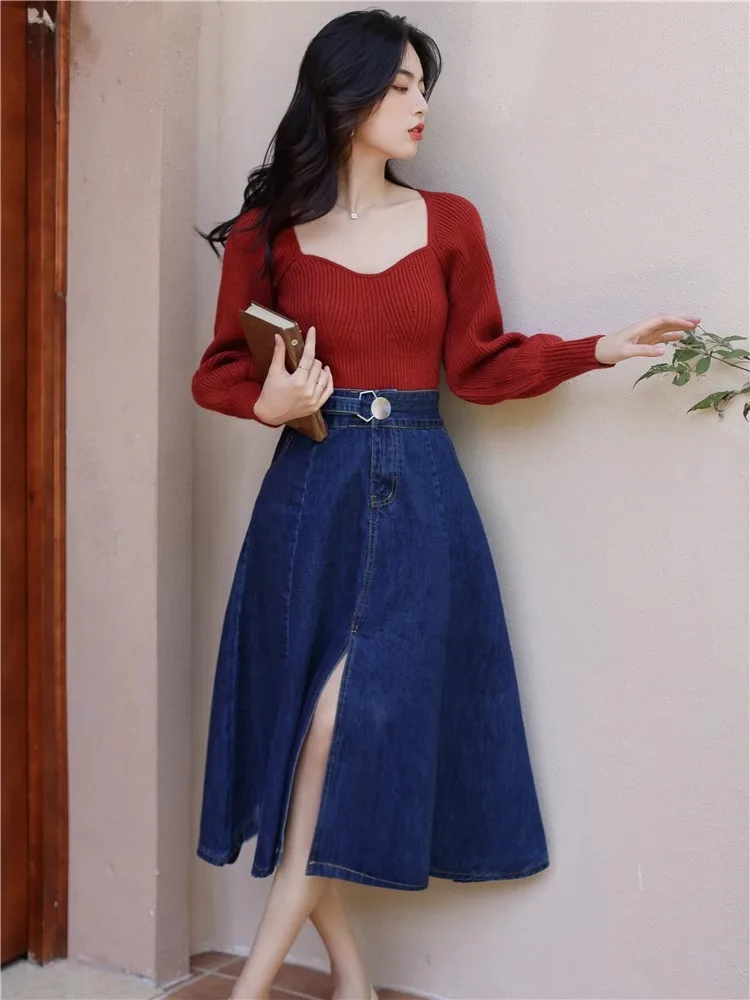 

SAYTHEN 2023 Retro Square Neck Red Top Denim Skirt Wearing Style Slim Set Skirt for Women