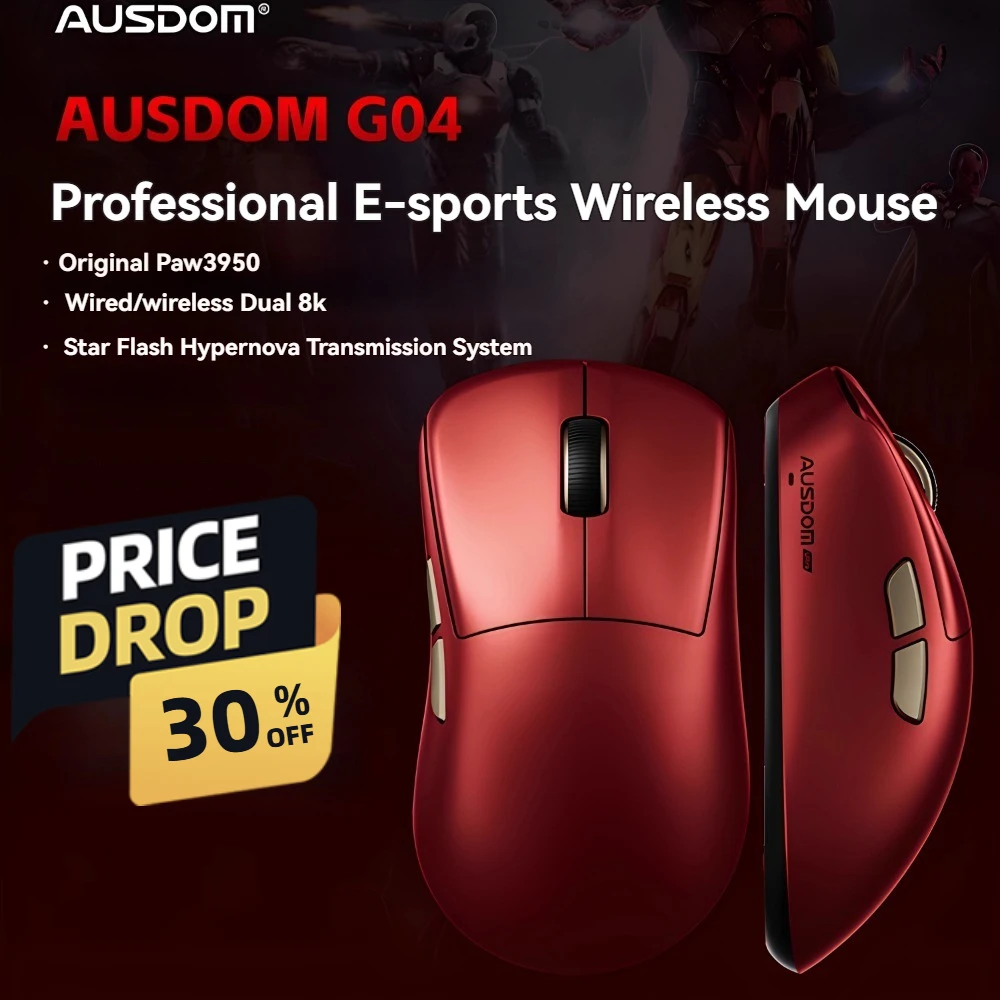 

AUSDOM G04 Pro Gaming Mouse 2.4G Wireless 8000Hz PAW3950 36000DPI 56g Lightweight Custom EC-DW Ergonomic High Performance Mouse
