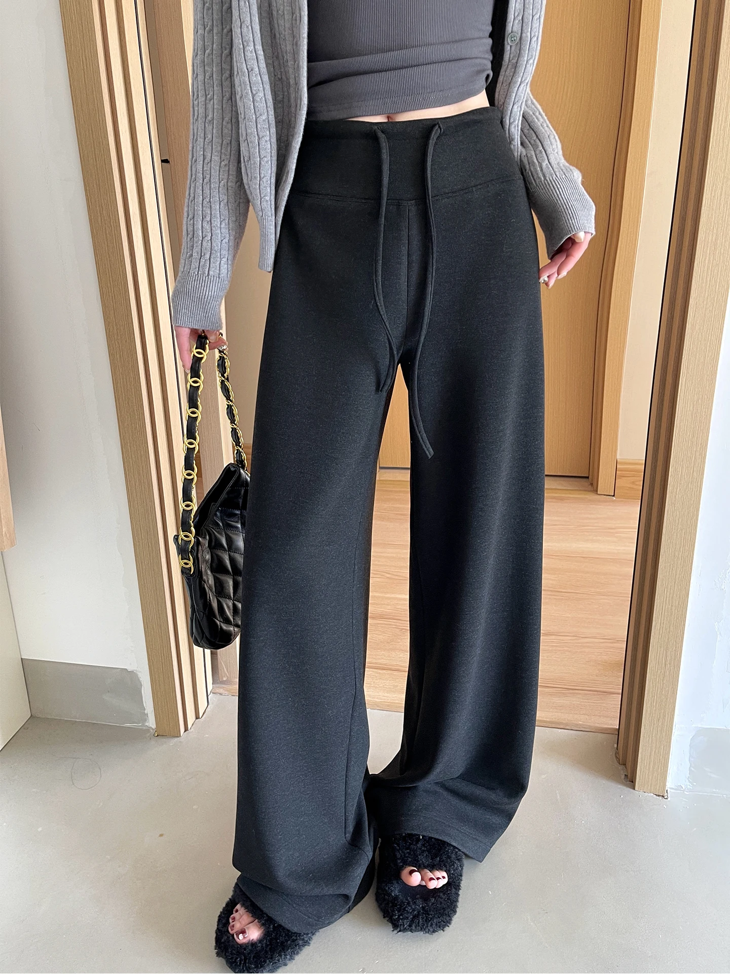 ارتفاع الخصر الصوف بنطال ذو قصة أرجل واسعة المرأة اليوغا بنطال رياضي Bla التخسيس مستقيم قطع سراويل تقليدية خريف شتاء جديد Sle