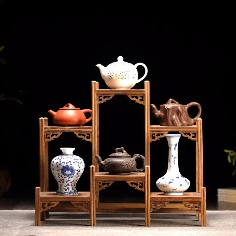 Chinese Kung Fu tea pot Crafts Display Holder Shelves Teapot Tea Set Wood carving Display Stand Decoration Home Tea Accessories