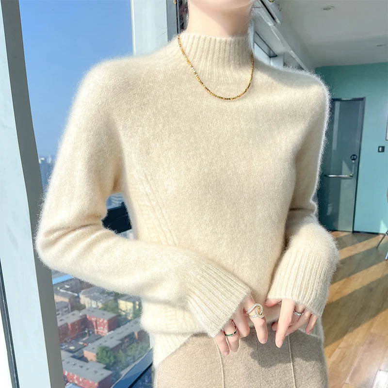 

Осенне-зимний новый женский свитер на основе 100% шерсти, облегающий крой с длинными рукавами и половиной шеи, толстый универсальный свитер