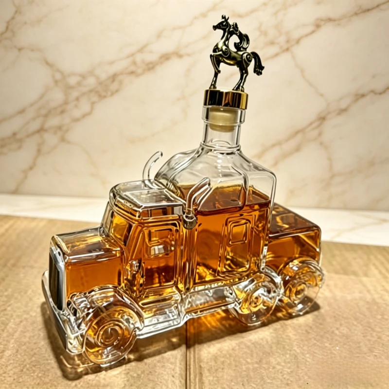 金色の馬車型オブジェ、ウィスキーボトル入れ YING-Truck Design Wine Decanter Glass Whiskey Pitcher Horsehead