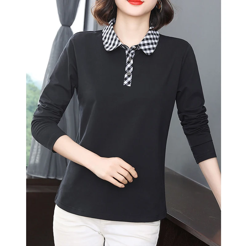 Women\'s Clothing Korean Fashion Plaid Patchwork Elegant Polo Collar T-shirts Spring Autumn Casual Long Sleeve Loose Cotton Tops