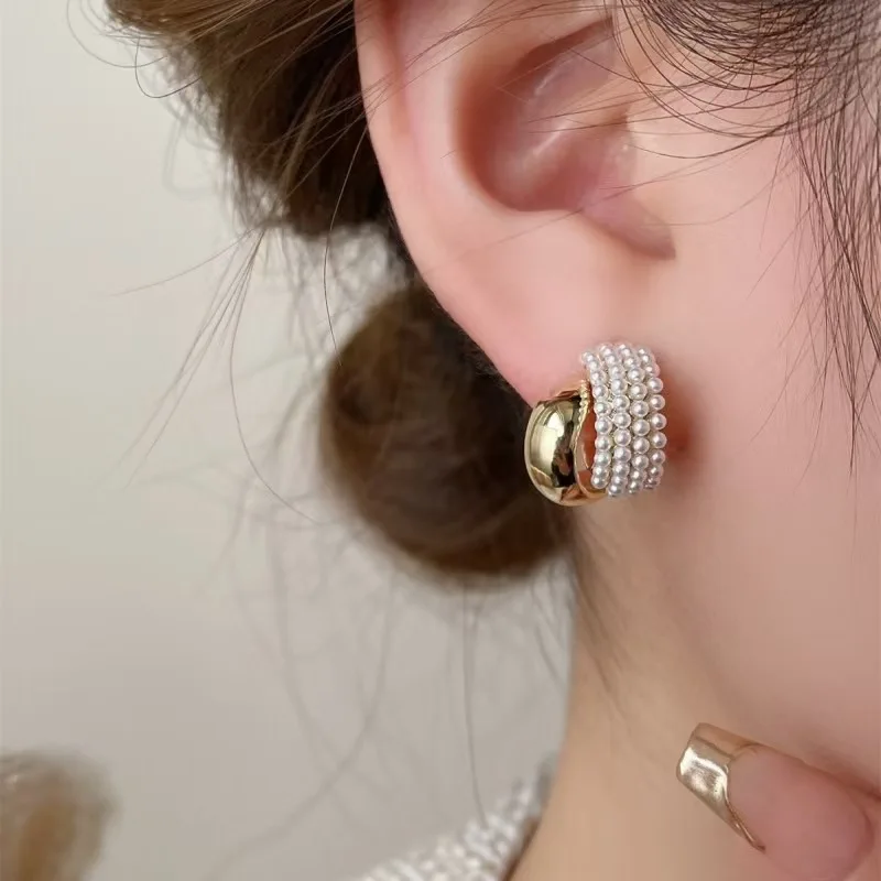 High Design With Imitation Pearl Metal Arc-Shaped Gold Color Earrings 2024 New Jewelry For Korean Women's Fashion Accessories