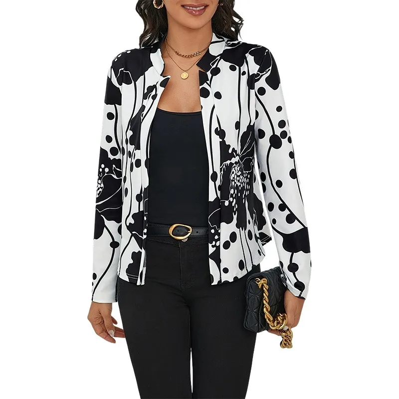 Cardigan imprimé floral noir et blanc, décontracté, mode, costume de transport, veste à manches longues, haut élégant, printemps et automne