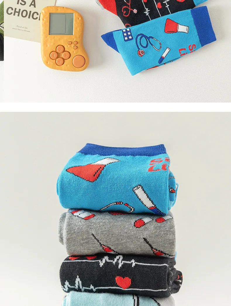 Doctor Nurse Theme Middle Tube Socks Color collision Retro Soft Sock Man Woman Four Seasons Leisure Breathable Socks