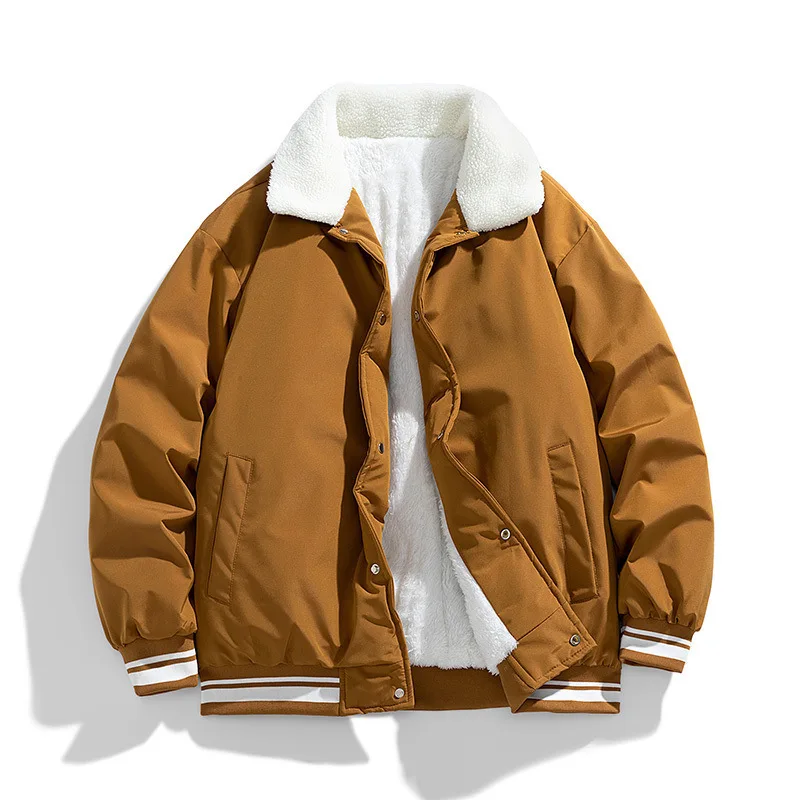 Man Down Jacket Winter New Thicken Fleece Contrast Color Turn Down Collar Male Outerwear Single-breasted Long Sleeve Men Coat