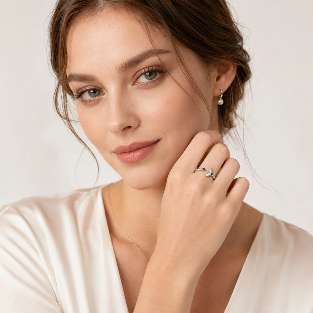 Ring Delphin Schwanzflosse mit blauen Steinen, 2022 Europa-Stil, glamouröser feiner Schmuck für Frauen, fröhliches Geschenk aus massivem 925er Sterlingsilber – Detail 1