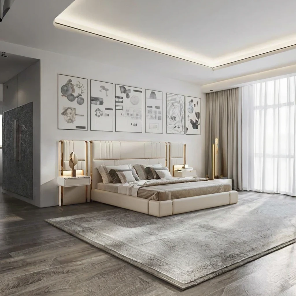 Custom Italian Modern Design King Size Bedroom Set With Storage Stainless Steel 2 Drawers Durable HAOYU Model 8803