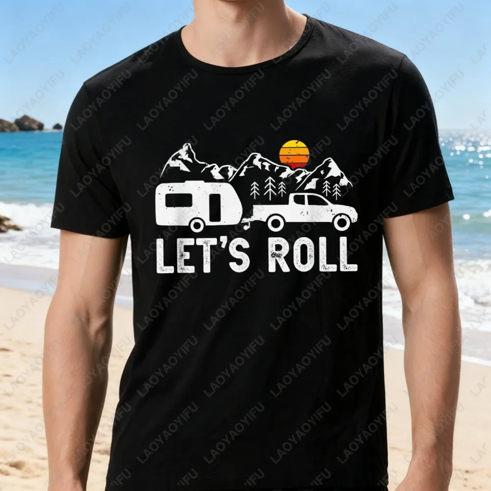 Let's Roll RV T-Shirt Vintage Truck Camper Mountain Graphic Tee Outdoors Breathable Quick Drying Classic Fashion Men's Clothing