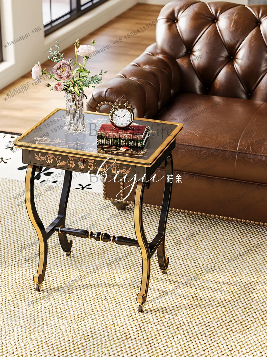 HJ Retro Pure Hand-painted Edge Few Characters Flowers And Birds Solid Wood Living Room Small American Tea Table