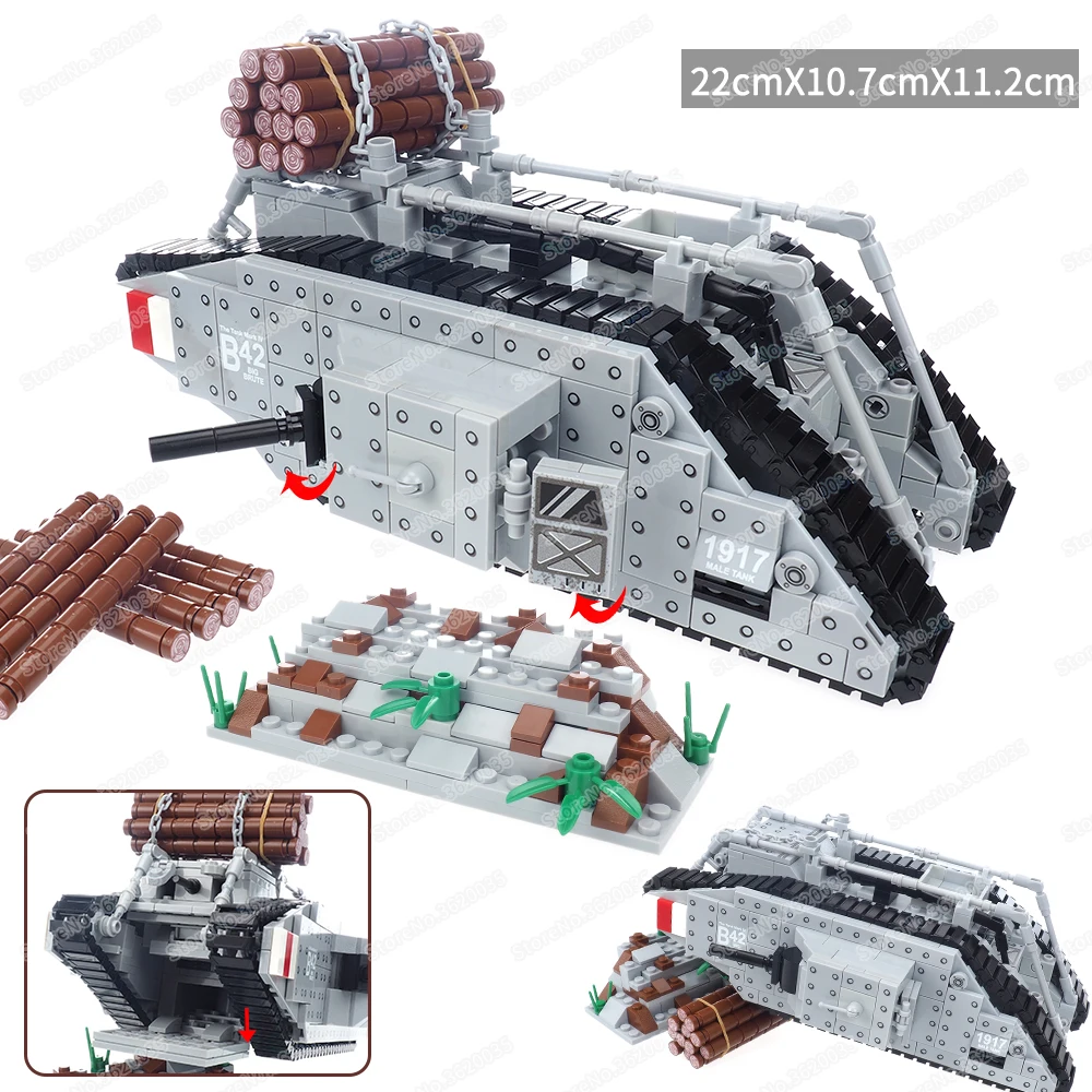 Military WW1 U.K. Mark Type Iv Tank Building Block Assembled Weapons Battlefield Originator Figures Trench Model Child Gift Toys